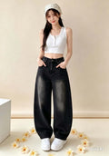 CHU- BLACK WASHED BARREL-LEG JEANS